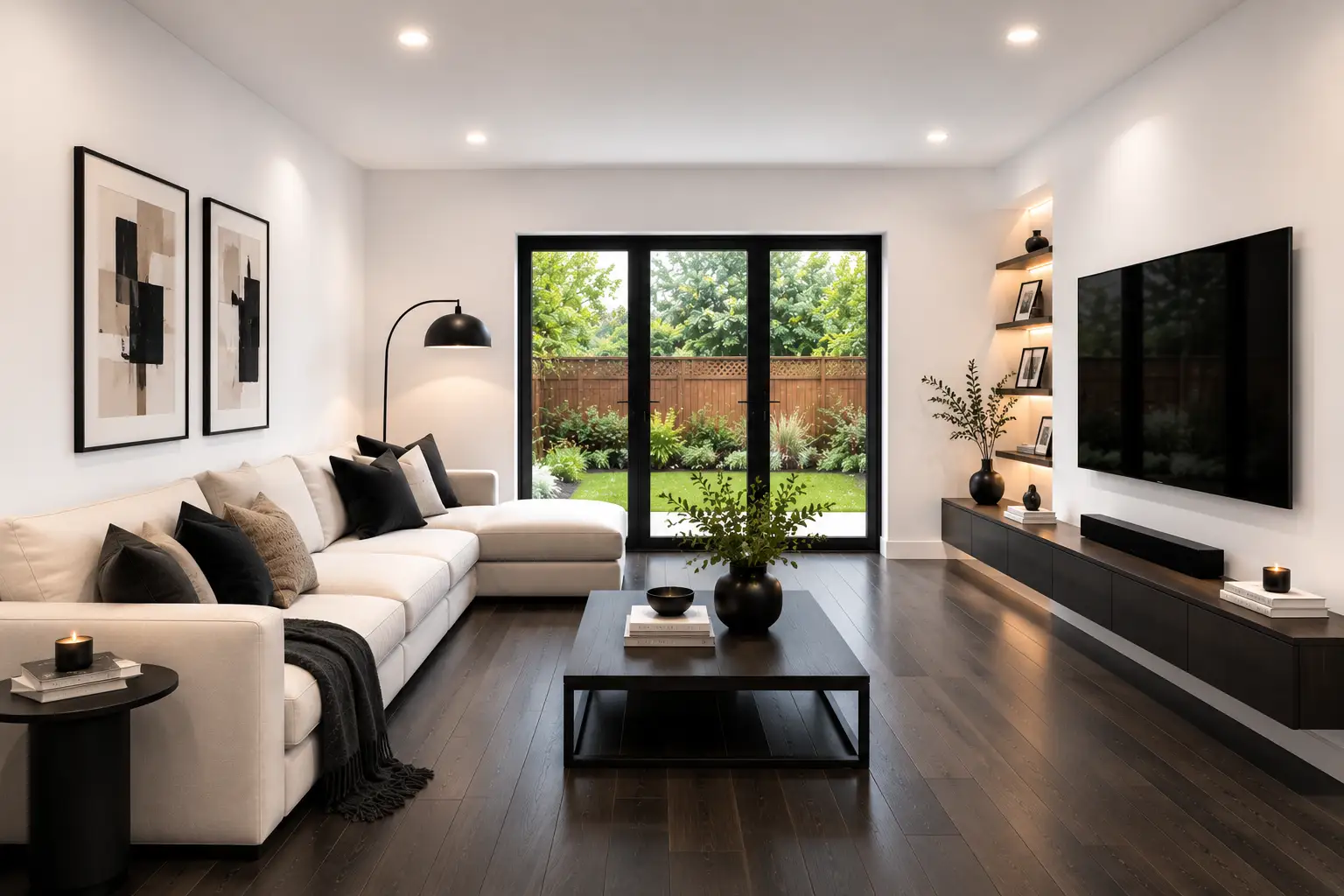 Bright modern living room illustrating a garage living-space conversion